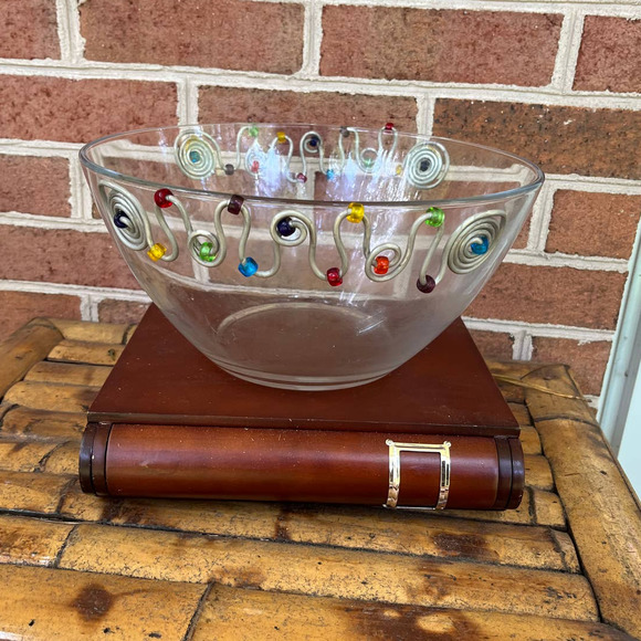 Vintage Adcraft Glass Bowl w/ Applied Stainless Steel Wire Wrapped Beads Boho - Picture 3 of 7
